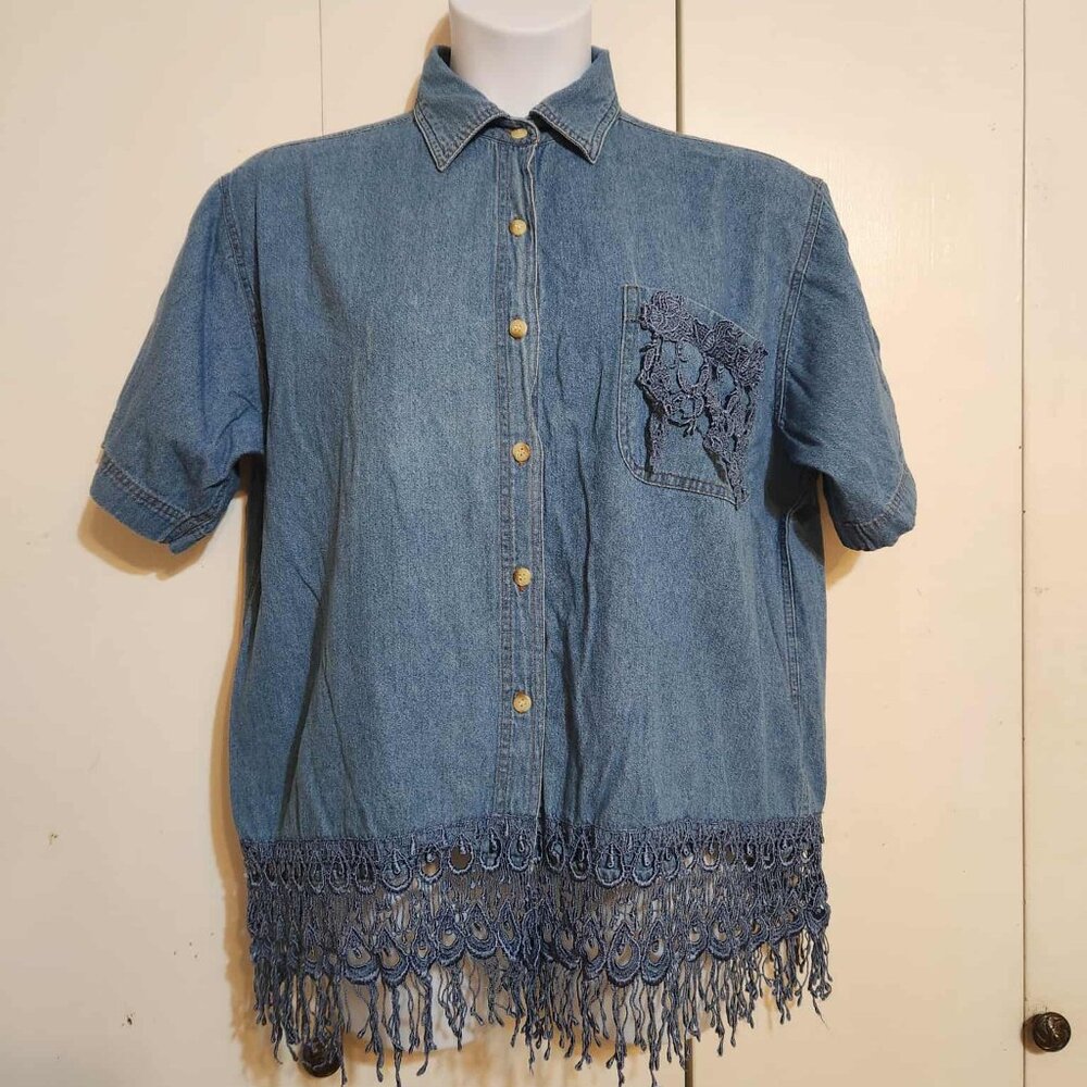 Vintage 90’s Sz XL St Joanne Jeans Embroidered Fringe Button Up Grannycore Top